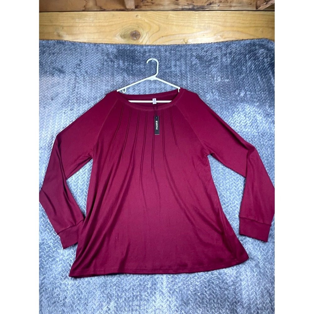 KUOTAI Tunic Top Womens XL Burgundy Red Stretch Pleated Round Neck Raglan Sleeve